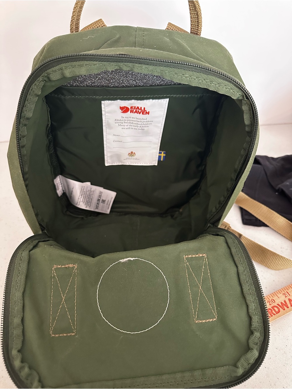 Fjallraven Kanken Mini Olive Green Backpack with Tan Adjustable Straps - Picture 4 of 12